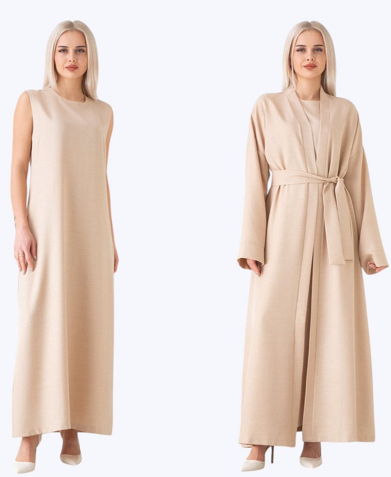 fashionshowcase Unterkleid Damen Set mit Kimono – elegant, lang, Modest Fashion & Layer Look (Kleid mit Kimono, 2-tlg., 2-teiliges Set) Luftiger Tragekomfort, hochwertiger Look von fashionshowcase