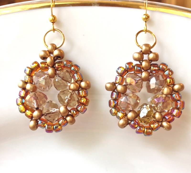 Handgemachte Kristall Perlen Tropfen Ohrringe Bronze Boho Chic Style von fatash1