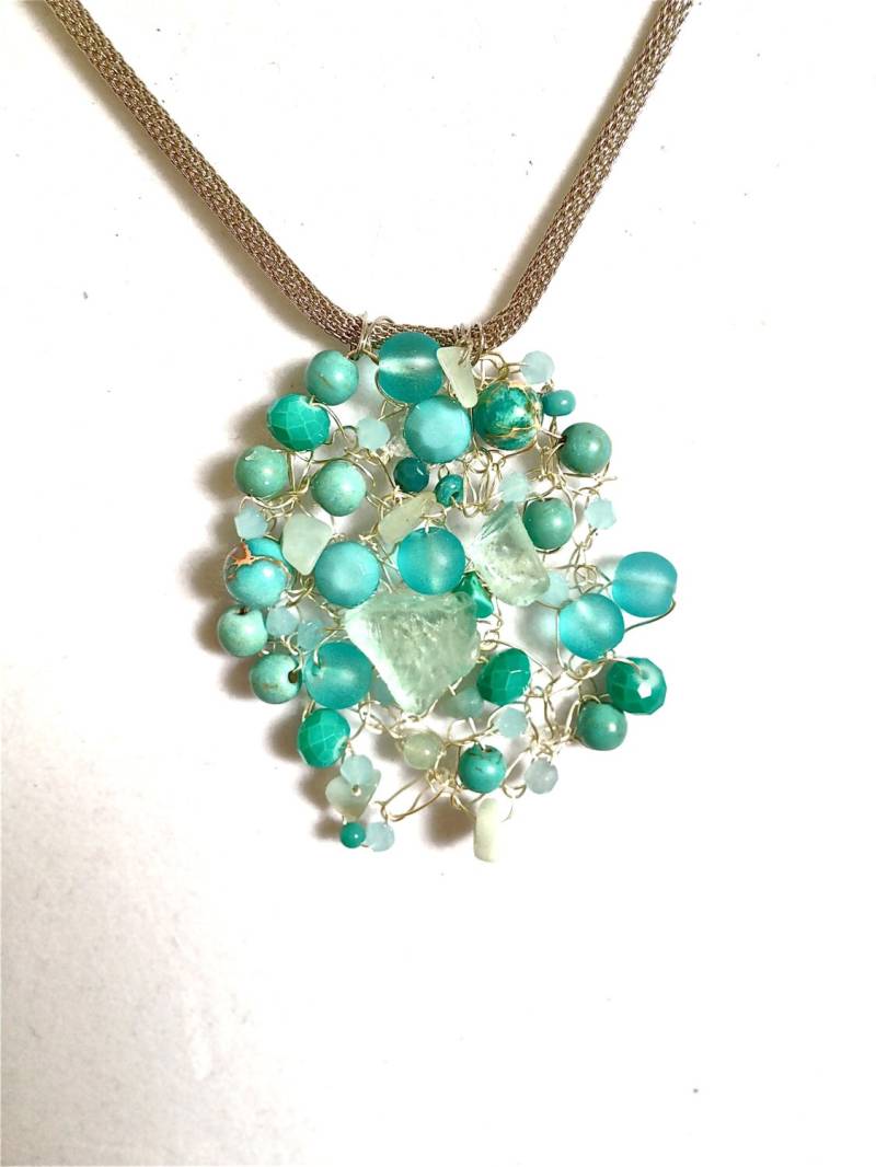 Handgemachte Sea Glass Anhänger Halskette Boho Türkis Wired Bead Schmuck von fatash1