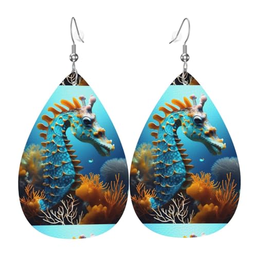 Fdgbnm Blaue Seepferdchen-Leder-Ohrringe. Doppelseitiger Druck aus Leder. Leicht, hypoallergen, festlich und bereit zum Verschenken. von fdgbnm