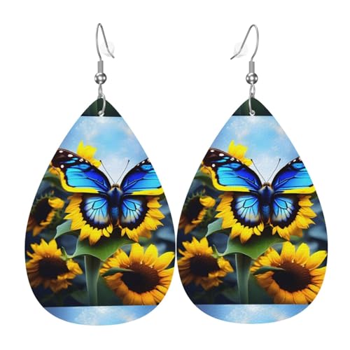 Fdgbnm Blauer Schmetterlings-Leder-Ohrring in Sonnenblumen-Optik. Doppelseitiger Druck aus Leder. Leicht, hypoallergen, festlich und bereit zum Verschenken. Fdgbnm Blauer Schmetterlings-Leder-Ohrring in Sonnenblumen-Optik. Doppelseitiger Druck aus Leder. Leicht, hypoallergen, festlich und bereit zum Verschenken. von fdgbnm