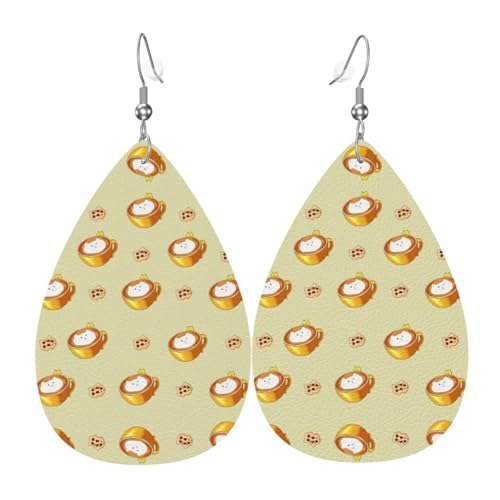 Fdgbnm Cartoon-Katzen-Kaffee-Leder-Ohrringe. Doppelseitiger Druck aus Leder. Leicht, hypoallergen, festlich und bereit zum Verschenken. von fdgbnm