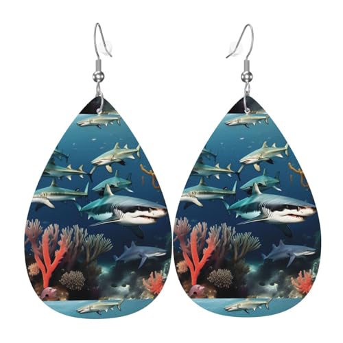 Fdgbnm Haie unter dem Meer Leder-Ohrringe. Doppelseitiger Druck aus Leder. Leicht, hypoallergen, festlich und bereit zum Verschenken. von fdgbnm