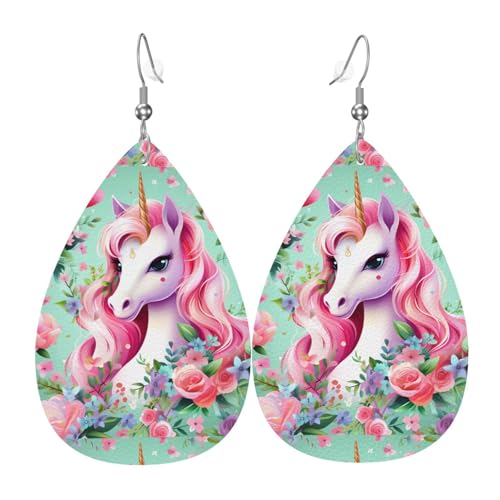 Fdgbnm Pinke Einhorn-Leder-Ohrringe. Doppelseitiger Druck aus Leder. Leicht, hypoallergen, festlich und bereit zum Verschenken. von fdgbnm