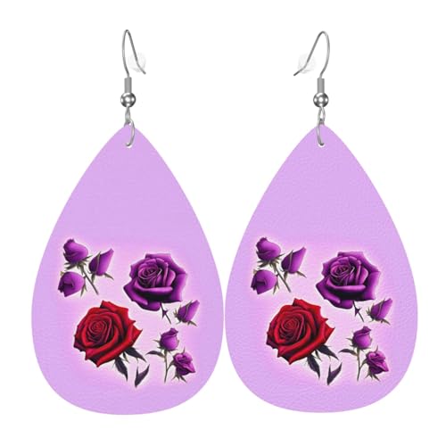 Fdgbnm Rote und violette Rosen, Leder-Ohrringe. Doppelseitiger Druck aus Leder. Leicht, hypoallergen, festlich und bereit zum Verschenken. von fdgbnm