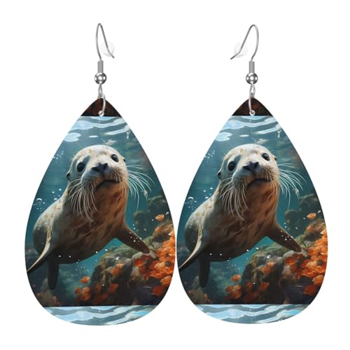 Fdgbnm Seehunde im Wasser Leder-Ohrringe. Doppelseitiger Druck aus Leder. Leicht, hypoallergen, festlich und bereit zum Verschenken. Fdgbnm Seehunde im Wasser Leder-Ohrringe. Doppelseitiger Druck aus Leder. Leicht, hypoallergen, festlich und bereit zum Verschenken. von fdgbnm