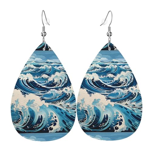 Fdgbnm Ukiyo-E Stil Wellen-Leder-Ohrringe. Doppelseitiger Druck aus Leder. Leicht, hypoallergen, festlich und bereit zum Verschenken. von fdgbnm