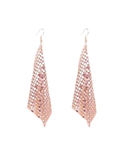 fdsmall 14K vergoldete Hangle Ohrringe für Frauen hypoallergene Metall Mesh Grid Pailletten Tassel Rhombus Ohrringe (Rose Gold) von fdsmall