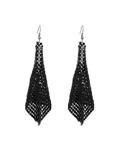 fdsmall 14K vergoldete Hangle Ohrringe für Frauen hypoallergene Metall Mesh Grid Pailletten Tassel Rhombus Ohrringe (Schwarz) von fdsmall