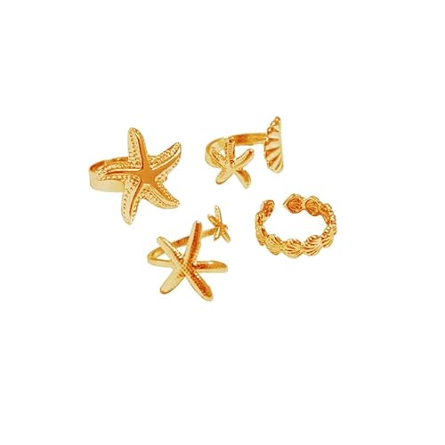 fdsmall 4 Stück 18K Shell Ringe Strand Surfer Starfish Gold Dainty Shell Welle Stapelringe Sommer Schmuck für Frauen Boho Starfish Surfer Geschenke (Gold) von fdsmall