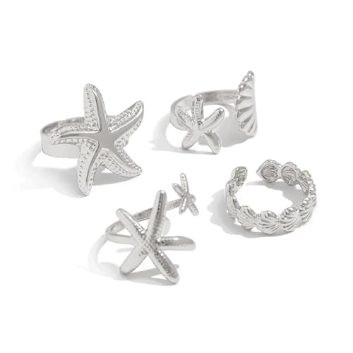 fdsmall 4 Stück 18K Shell Ringe Strand Surfer Starfish Gold Dainty Shell Welle Stapelringe Sommer Schmuck für Frauen Boho Starfish Surfer Geschenke (Silver) von fdsmall