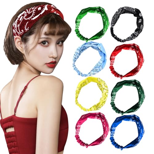 fdsmall 8 PCS Frauen Boho breite Kopfbänder Paisley Druck weiche elastische Haarbänder Yoga laufen rutschfeste Workout Gym Kopfwicklungen (1, Eine Größe) von fdsmall