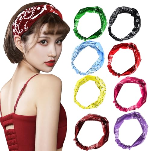 fdsmall 8 PCS Frauen Boho breite Kopfbänder Paisley Druck weiche elastische Haarbänder Yoga laufen rutschfeste Workout Gym Kopfwicklungen (4, Eine Größe) von fdsmall