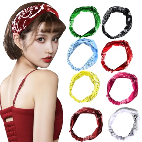 fdsmall 8 PCS Frauen Boho breite Kopfbänder Paisley Druck weiche elastische Haarbänder Yoga laufen rutschfeste Workout Gym Kopfwicklungen (6, Eine Größe) von fdsmall
