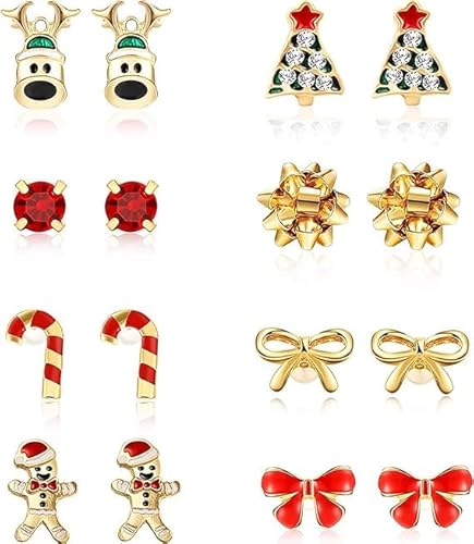 fdsmall 8 Pairs Weihnachtsschmuck Stud Ohrringe Set, Urlaub Ohrringe Weihnachtsohrring Hypoallergene Schneemann Claus Weihnachtsbaum Schneeflocke Rentier Ohrringe Weihnachtsfeiertag Schmuck (02) von fdsmall