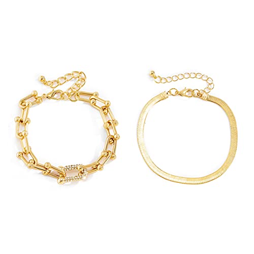 fdsmall Armbänder für Frauen 14K Gold versilbert zierliche Link Büroklammer Armbänder Kuba Stapelbare geschichtete Metallglied Armband Set Einfaches Armband mit Zirkonia für Frauen (Gold) von fdsmall