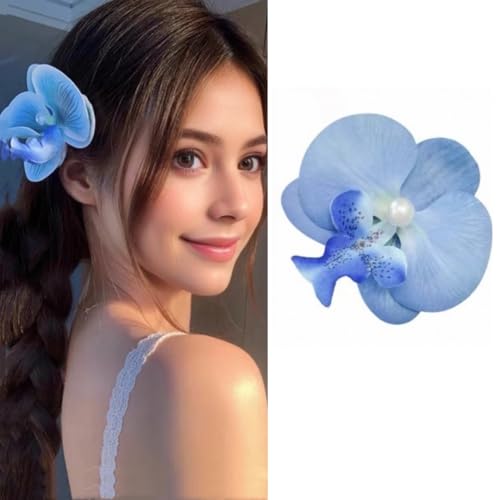 fdsmall Böhmische Blume Haar Clips Künstliche Blume Haar Clip Hawaiianische Orchideen Hochzeitsfeier Braut Haar Zubehör, Hawaiianische Strand Haar Pins Clip (Blue) von fdsmall