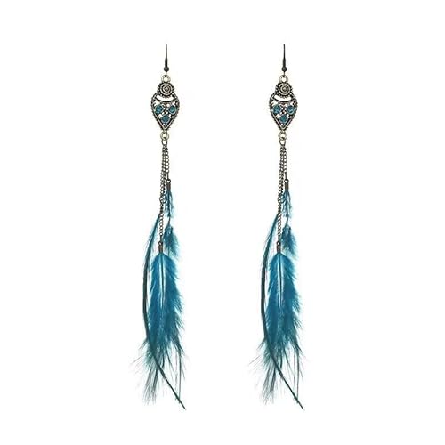 fdsmall Böhmen Feder Ohrringe Lange Quaste Drop Retro Boho Ohrring Feder Tropfen Ohrringe Dangle Kette Schmuck Geschenk (Blue) von fdsmall