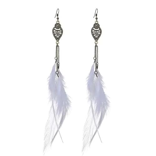 fdsmall Bohemia Feder Ohrringe Lange Quaste Feder Ohrringe Lange Kette Drop Retro Boho Ohrring Feder Tropfen Ohrringe Dangle Kette Ohrringe Schmuck Geschenk (White) von fdsmall