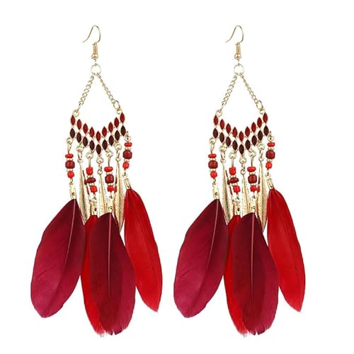 fdsmall Bohemian Feder Ohrringe Frauen Boho Fringe Feder Ohrringe Ethnische lange Tropfen Dangle Ohrringe Bunte Feder Fringe Ohrringe Faux Feder Ohrringe Schmuck Zubehör für Frauen (Rot) von fdsmall