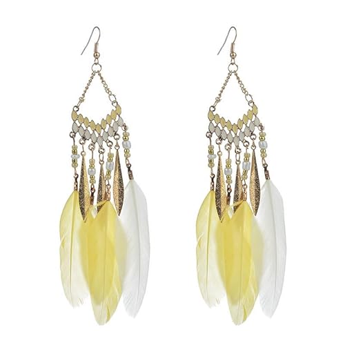 fdsmall Bohemian Feder Ohrringe Frauen Boho Fringe Feder Ohrringe Ethnische lange Tropfen Dangle Ohrringe Bunte Feder Fringe Ohrringe Faux Feder Ohrringe Schmuck Zubehör für Frauen (Weiß) von fdsmall