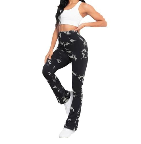 fdsmall Bootcut Yoga Hosen Hosen Tie-Dye ausgestellte Yoga Hosen High Waisted Leggings Jazz Hosen Laufen Bootleg Hosen Training Fitness (DE/NL/SE/PL, Bundweite, L, Regular, Tall, Black) von fdsmall