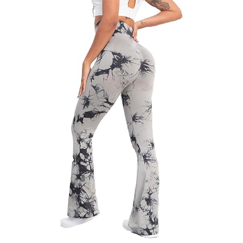 fdsmall Bootcut Yoga Hosen Hosen Tie-Dye ausgestellte Yoga Hosen High Waisted Leggings Jazz Hosen Laufen Bootleg Hosen Training Fitness (DE/NL/SE/PL, Bundweite, L, Regular, Tall, Grey) von fdsmall