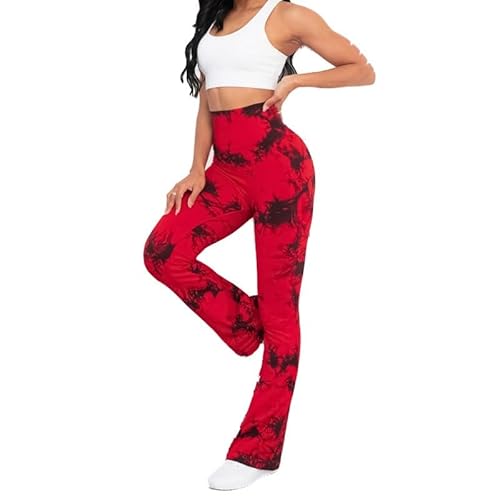 fdsmall Bootcut Yoga Hosen Hosen Tie-Dye ausgestellte Yoga Hosen High Waisted Leggings Jazz Hosen Laufen Bootleg Hosen Training Fitness (DE/NL/SE/PL, Bundweite, L, Regular, Tall, Red) von fdsmall