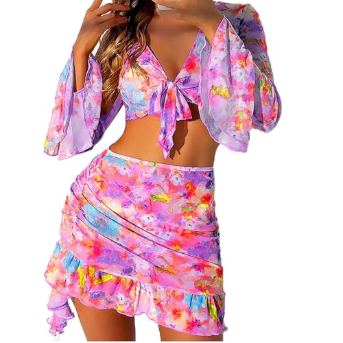 fdsmall Damen 4 Stück Badeanzug Sommer Blumen Halter Dreieck Badeanzug hohe Taille Bademode mit Cover Up Rock Bikini Set (DE/NL/SE/PL, Alphanumerisch, L, Regular, Regular, Lila) von fdsmall