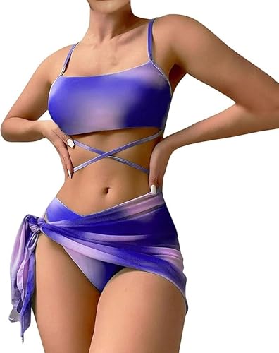 fdsmall Women's Bikini Set Low Waist String Triangle Bikini with Skirt 3 Piece Bikini Swimsuit Tie Dye High-Cut Swimwear Swimming Trunks (DE/NL/SE/PL, Alphanumerisch, S, Regular, Regular, Purple) von fdsmall