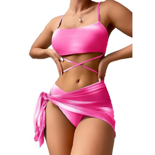 fdsmall Women's Bikini Set Low Waist String Triangle Bikini with Skirt 3 Piece Bikini Swimsuit Tie Dye High-Cut Swimwear Swimming Trunks (DE/NL/SE/PL, Alphanumerisch, XL, Regular, Regular, Rose) von fdsmall