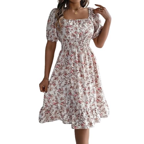 fdsmall Damen Boho Floral Ruffle Maxi Kleid von der Schulter Kurzarm Wrap Quadratausschnitt Sonnenkleid A-Linie Sommer Strandkleider (DE/NL/SE/PL, Alphanumerisch, S, Regular, Regular, Weiß) von fdsmall