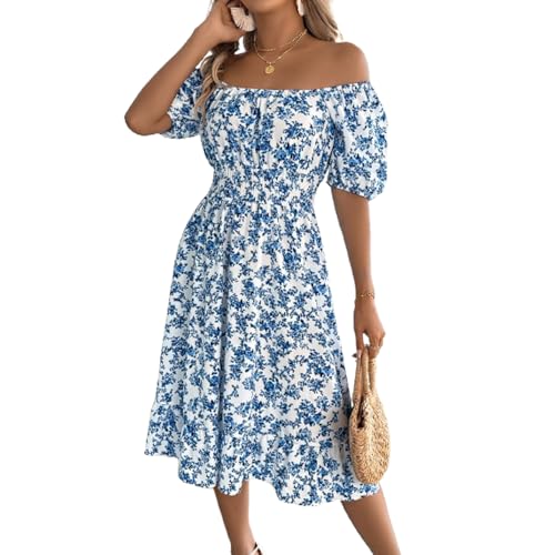 fdsmall Damen Boho Floral Ruffle Maxi Kleid von der Schulter Kurzarm Wrap Quadratausschnitt Sonnenkleid A-Linie Sommer Strandkleider (DE/NL/SE/PL, Alphanumerisch, XL, Große Größen, Regular, Blau) von fdsmall
