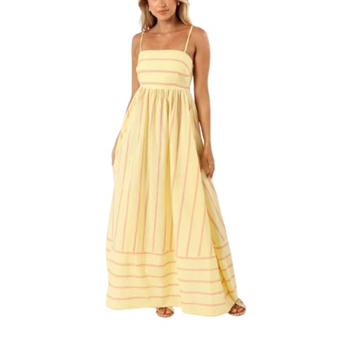 fdsmall Damen Casual Streifen Maxi Kleid Spaghetti Armband Rückenlose Sonnenkleid A-Linie Sommer Strandurlaub Kleider (DE/NL/SE/PL, Alphanumerisch, L, Regular, Regular, Gelb) von fdsmall