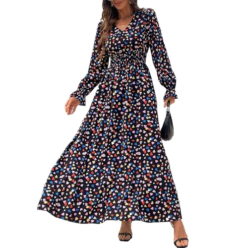 fdsmall Damen Floral Boho Midi Kleid Langarm V-Ausschnitt Flowy Casual Kleid Elastische Hight WAIS A-Linie Strand Maxi Kleider (DE/NL/SE/PL, Alphanumerisch, L, Regular, Regular, Schwarz) von fdsmall