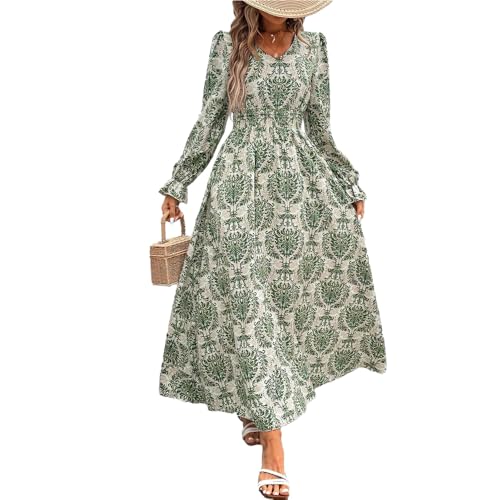fdsmall Damen Floral Boho Midi Kleid Langarm V-Ausschnitt Flowy Casual Kleid Elastische Hight WAIS A-Linie Strand Maxi Kleider (DE/NL/SE/PL, Alphanumerisch, M, Regular, Regular, Grün) von fdsmall