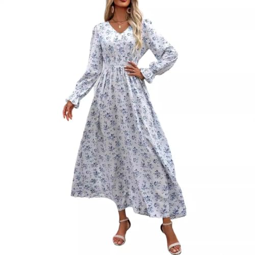 fdsmall Damen Floral Boho Midi Kleid Langarm V-Ausschnitt Flowy Casual Kleid Elastische Hight WAIS A-Linie Strand Maxi Kleider (DE/NL/SE/PL, Alphanumerisch, M, Regular, Regular, Weiß) von fdsmall