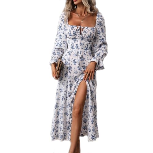 fdsmall Damen Floral Midi Kleid Rüschen Büste Split A Linie Kleid Boho Square Neck Langarm Sommer Swing Kleider (DE/NL/SE/PL, Alphanumerisch, L, Regular, Regular, White) von fdsmall