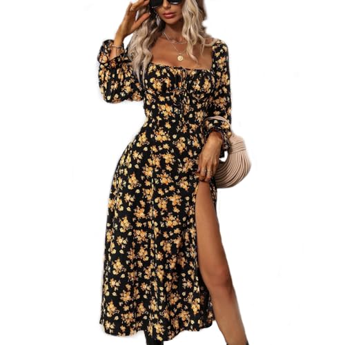 fdsmall Damen Floral Midi Kleid Rüschen Büste Split A Linie Kleid Boho Square Neck Langarm Sommer Swing Kleider (DE/NL/SE/PL, Alphanumerisch, M, Regular, Regular, Yellow) von fdsmall