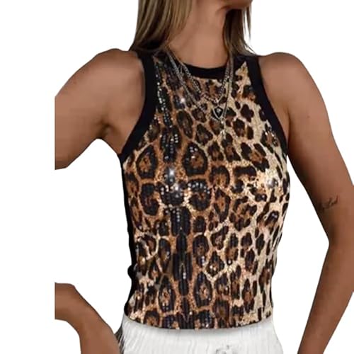 fdsmall Damen Funkelnde Paillette Ärmelloses Tank Top Y2k Mock Neck Glänzende Cropped Weste Tops Leopard Print Party Nacht Mardi Gras Clubwear (Leopard, M) von fdsmall