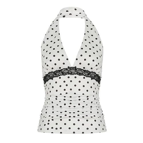 fdsmall Damen Halter Hals Crop Tops Polka Dot Ärmellos Tief V-Hals Rückenlose Tie-up Schulter Westen Slim Fit T-Shirts Camisole (DE/NL/SE/PL, Alphanumerisch, S, Regular, Regular, White) von fdsmall