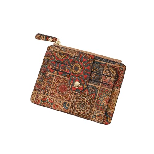 fdsmall Damen Kork-Mini-Geldbörse mit Blumenmuster – Doppelt Gefaltet, Klein & Kompakt – Mit Ausweisfenster und Reißverschluss-Münzfach (02) von fdsmall