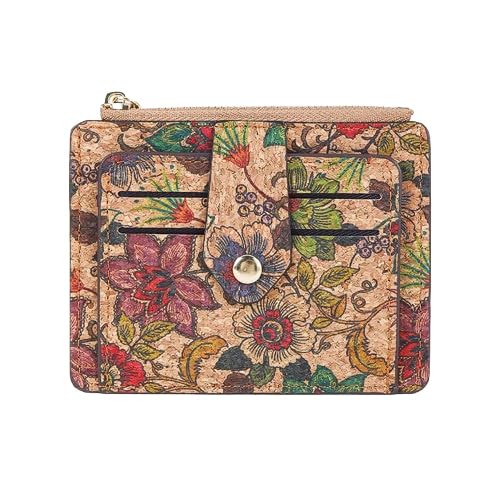 fdsmall Damen Kork-Mini-Geldbörse mit Blumenmuster – Doppelt Gefaltet, Klein & Kompakt – Mit Ausweisfenster und Reißverschluss-Münzfach (07) von fdsmall
