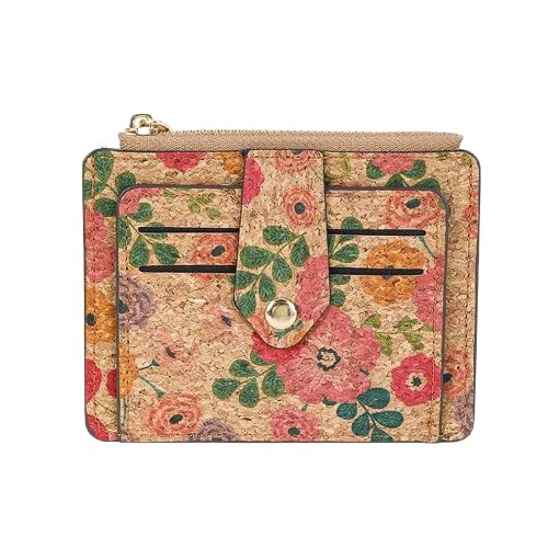 fdsmall Damen Kork-Mini-Geldbörse mit Blumenmuster – Doppelt Gefaltet, Klein & Kompakt – Mit Ausweisfenster und Reißverschluss-Münzfach (09) von fdsmall