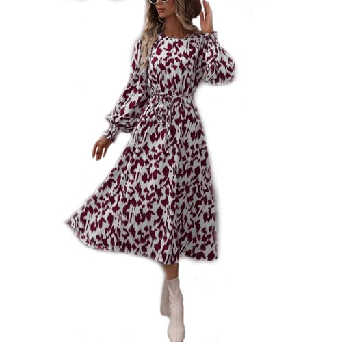 fdsmall Damen Langarm Leopard Print Retro Rundhalsausschnitt Eine Linie Flowy Casual Midi Kleider Krawatte Taille Swing Out Kleider (DE/NL/SE/PL, Alphanumerisch, XL, Regular, Regular, Pink) von fdsmall