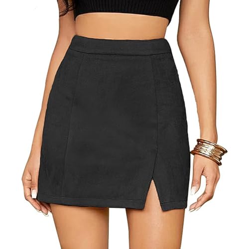 fdsmall Damen Röcke Faux Wildleder Hohe Taille Bodycon Rock Mini Side Split Mini Röcke A Line Bleistift Kurzer Rock mit Reißverschluss (DE/NL/SE/PL, Alphanumerisch, M, Regular, Regular, Black) von fdsmall