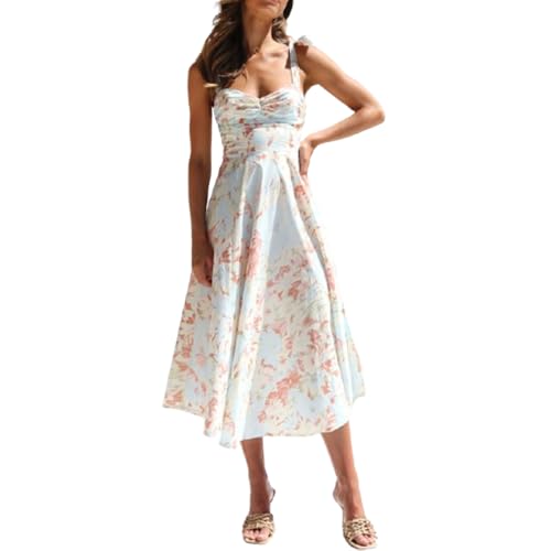 fdsmall Damen Sommer Blumen Boho ärmellos Maxi Kleid verstellbare Schulter Srap Wrap A-Linie Ruffle Strand Lange Kleider (DE/NL/SE/PL, Alphanumerisch, M, Regular, Regular, Aprikose) von fdsmall