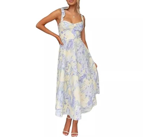 fdsmall Damen Sommer Blumen Boho ärmellos Maxi Kleid verstellbare Schulter Srap Wrap A-Linie Ruffle Strand Lange Kleider (DE/NL/SE/PL, Alphanumerisch, M, Regular, Regular, Blau) von fdsmall