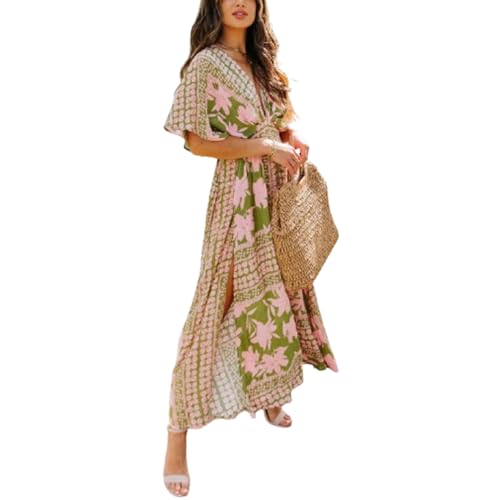 fdsmall Damen Sommer Boho Maxi Kleid Wrap V-Ausschnitt 1/2 Ärmel Floral Seite Split Flowy A Linie Casual Beach Long Midi Kleid (DE/NL/SE/PL, Alphanumerisch, XL, Große Größen, Regular, Grün) von fdsmall