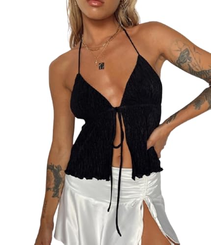fdsmall Damen Sommer Y2K Tank Tops, Halter Backless Front Krawatte Crop Tops gehen Split ärmelloses Cami Shirt (DE/NL/SE/PL, Alphanumerisch, L, Regular, Regular, Schwarz) von fdsmall